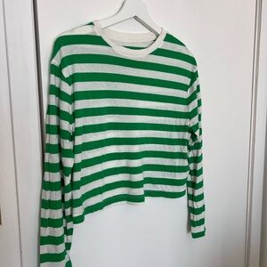 Green and White Striped Long Sleeve Crop Top